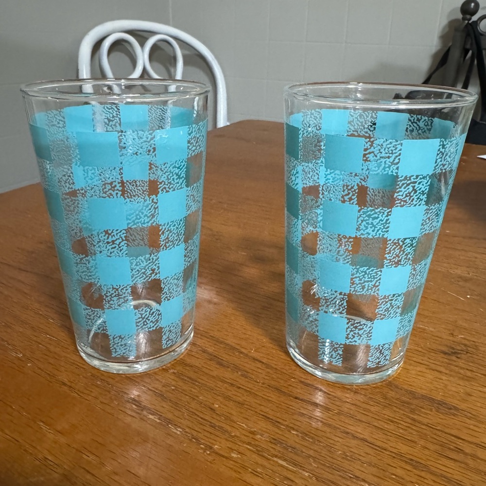 MCM Blue Checkered Glass Tumblers